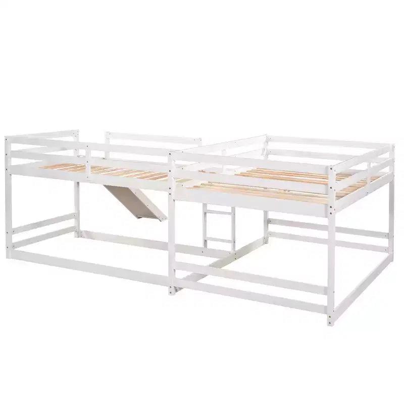 L-vormig stapelbed voor 4 kinderen, vierpersoons stapelbed met glijbaan, houten stapelbedframe met full- en twinbed voor slaapkamer of slaapzaal