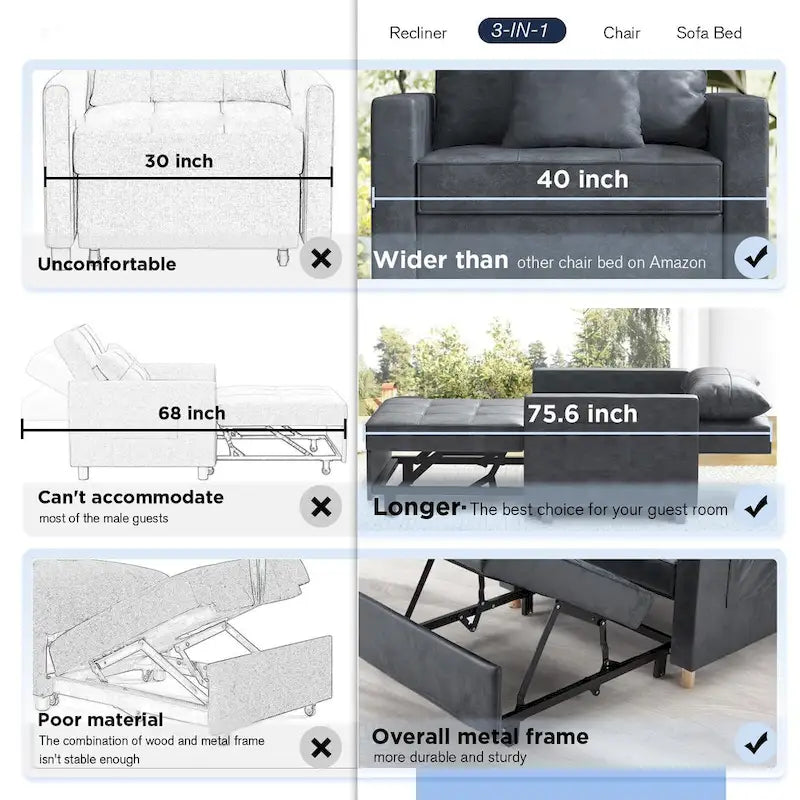 Verstelbare slaapstoel/-bed, 3-in-1-ombouwbaar, meerdere kleuren, geschikt voor 1 persoon