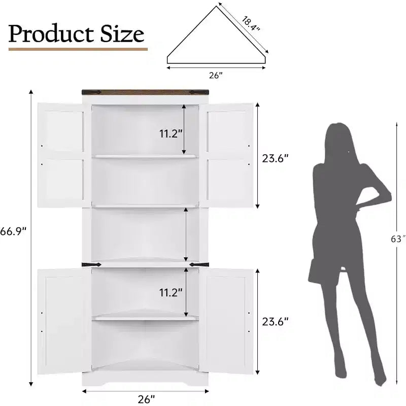 69 Zoll hoher Eckschrank im Landhausstil, platzsparender Eckschrank mit Glastür und verstellbaren Regalböden für Wohnzimmer und Küche