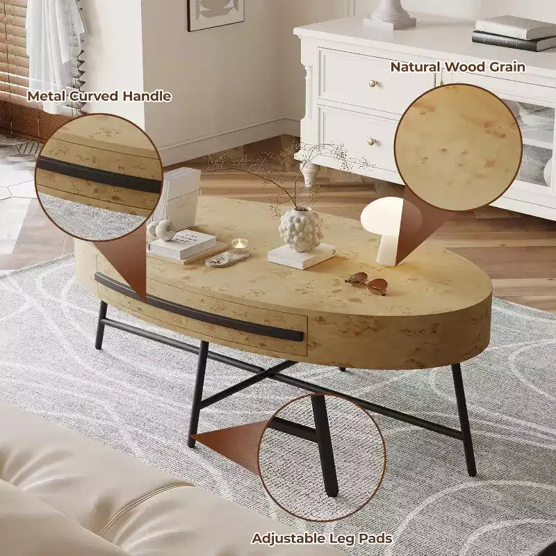 Acekool ovale salontafel met lade, houten opbergtafel van 47,2 met metalen kruispoten, moderne tafel in mid-century-stijl in naturel en goudkleurig wilgenhout