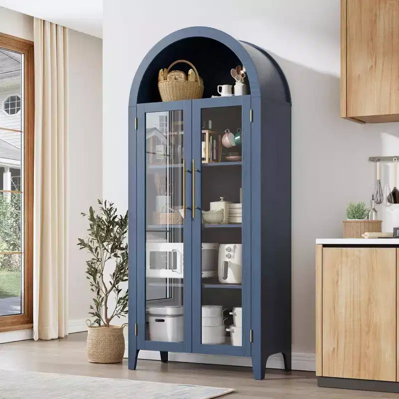 Armoire de rangement haute et cintrée avec portes vitrées, bibliothèque d’exposition à 5 niveaux avec étagères réglables pour la cuisine ou le salon