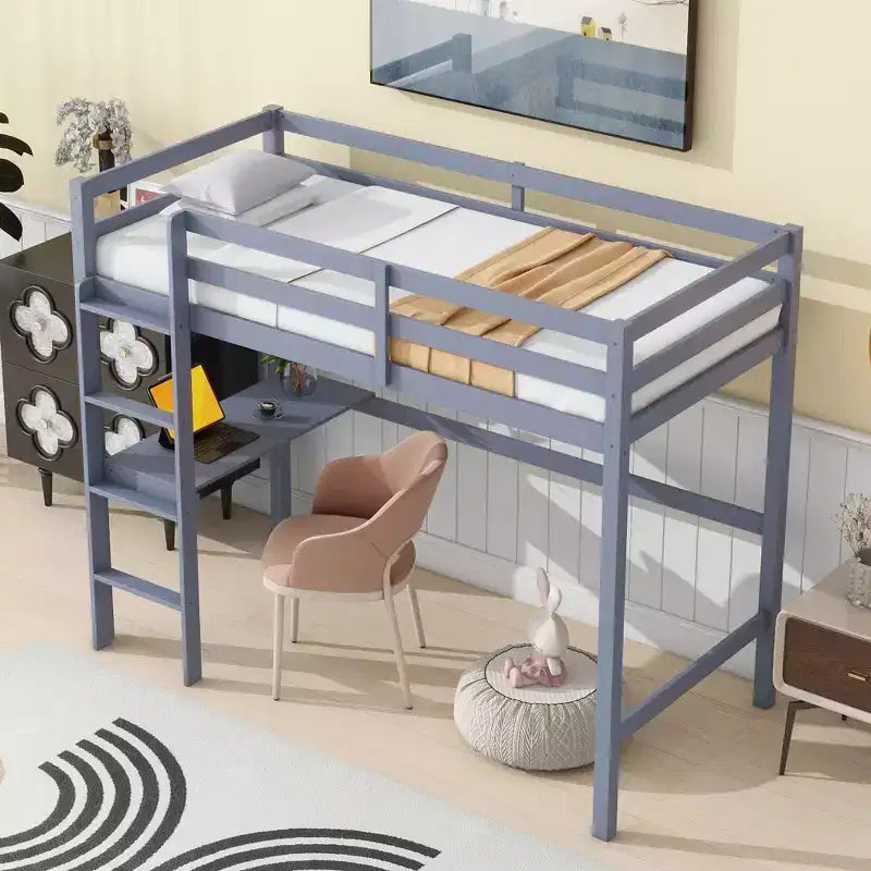 Okak Hochbett im minimalistischen Loft-Stil mit Leiter, Hochbett aus Gummibaumholz für eine Person mit Sicherheitsgeländer und integriertem Schreibtisch, Bettgestell für Kinder und Jugendliche