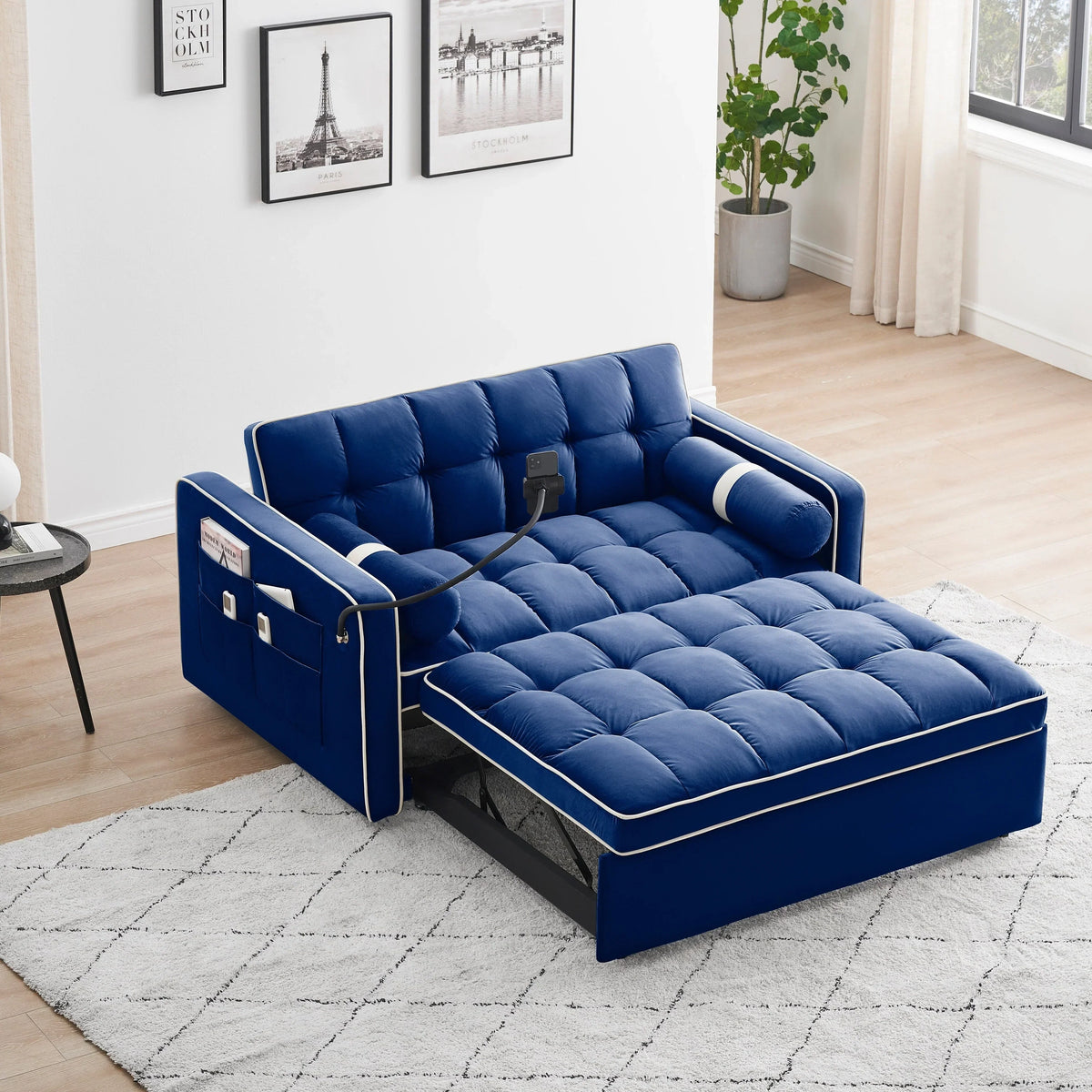Samt-Schlafsofa für 2 Personen, 55 Zoll, mit Ausziehbett, verstellbarer Rückenlehne, Seitentaschen und Handyhalterung