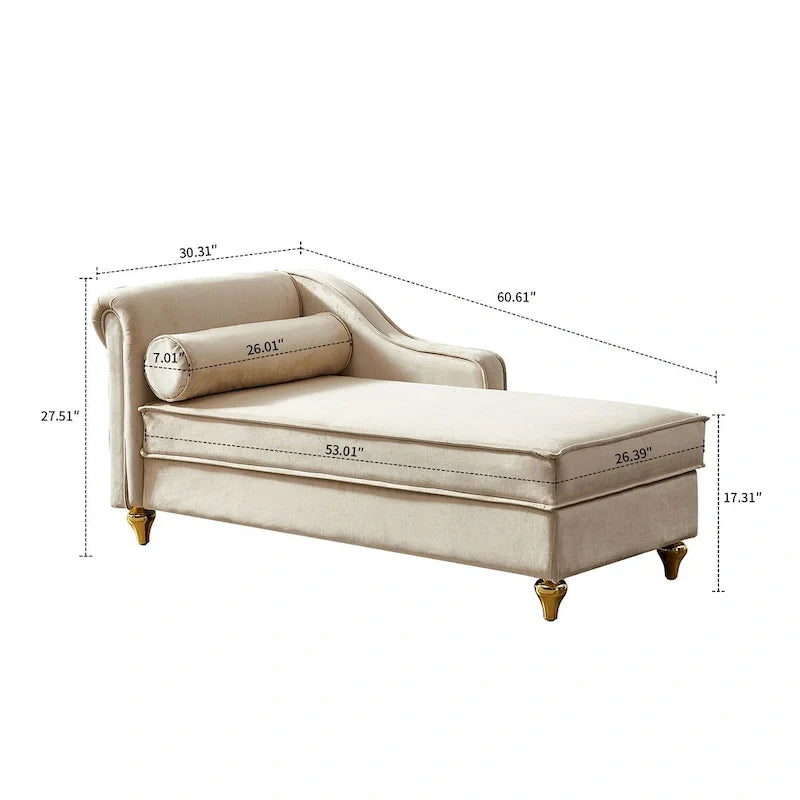 Fauteuil méridienne élégant français en velours avec revêtement rembourré et rangement, avec coussin