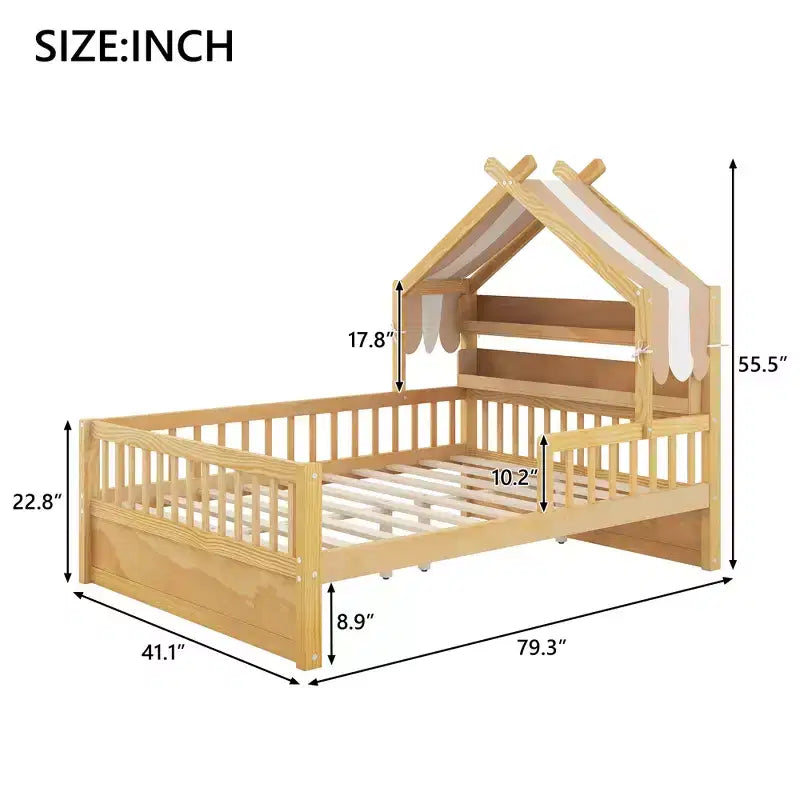 Lit cabane en bois ModernLuxe pour 1 ou 2 personnes avec tête de lit avec rangement, cadre de lit pour enfants en pin massif avec barrières de sécurité