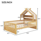 Lit cabane en bois ModernLuxe pour 1 ou 2 personnes avec tête de lit avec rangement, cadre de lit pour enfants en pin massif avec barrières de sécurité