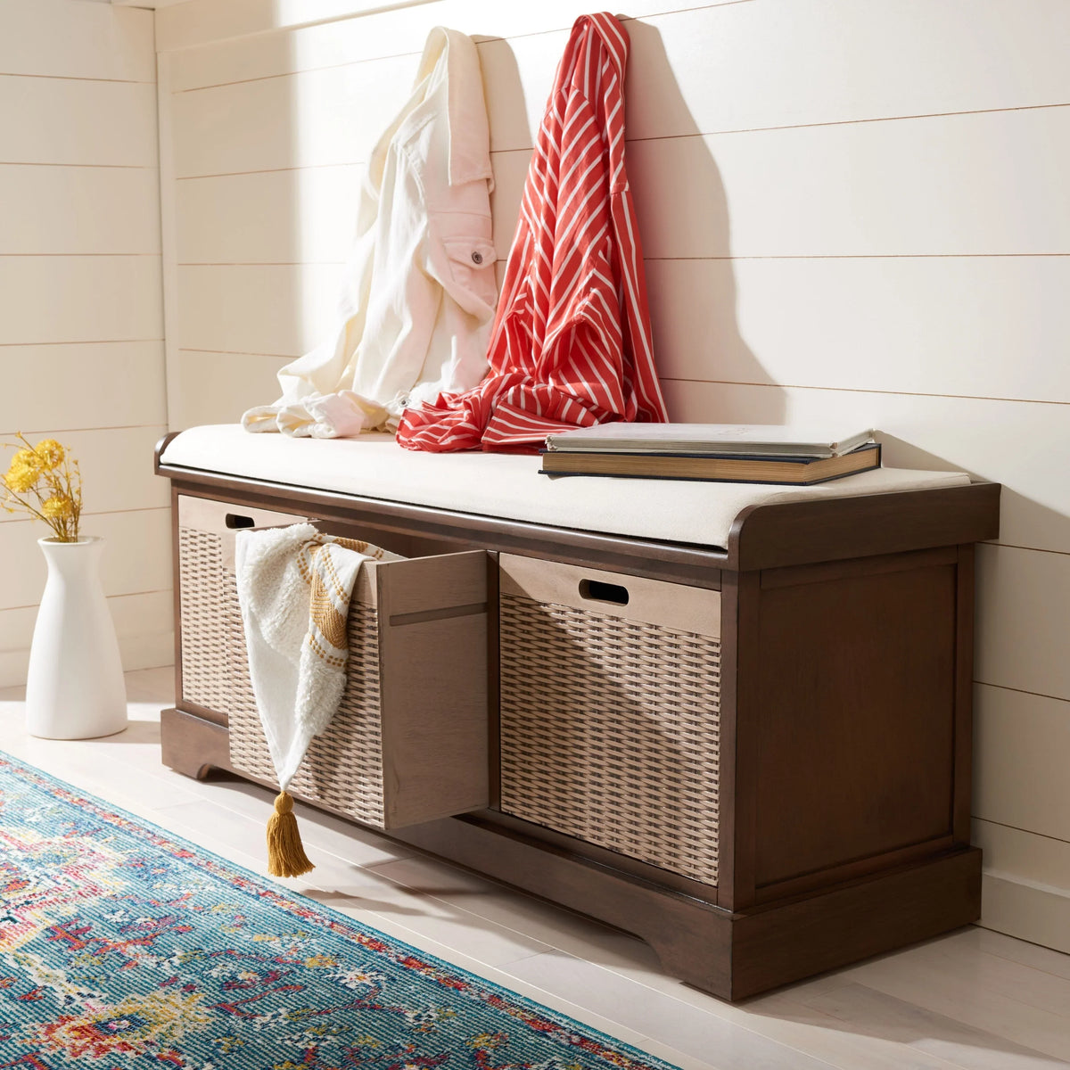 SAFAVIEH Fiorello 3-Drawer with Cushion Storage Bench - 47.3 W x 15 L x 19 H - 47Wx15Dx19H