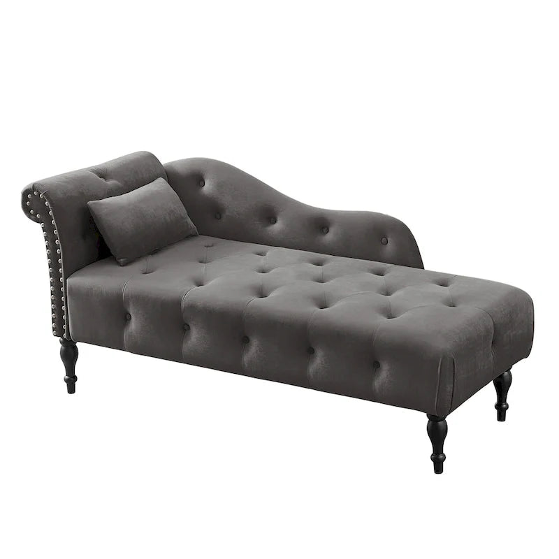 Chaise longue moderne de 60,6 po, capitonnée en velours avec boutons, pieds en bois massif et clous décoratifs