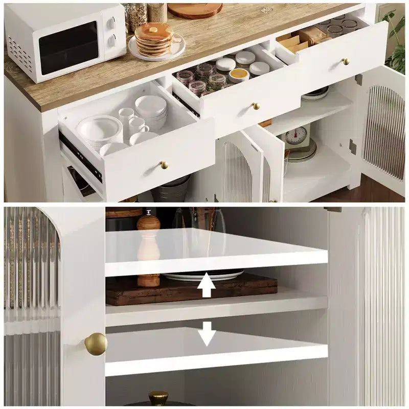 Opbergkast van 55 inch, smal buffet- en dressoirkast met 3 laden en 4 deuren voor keuken, eetkamer en woonkamer