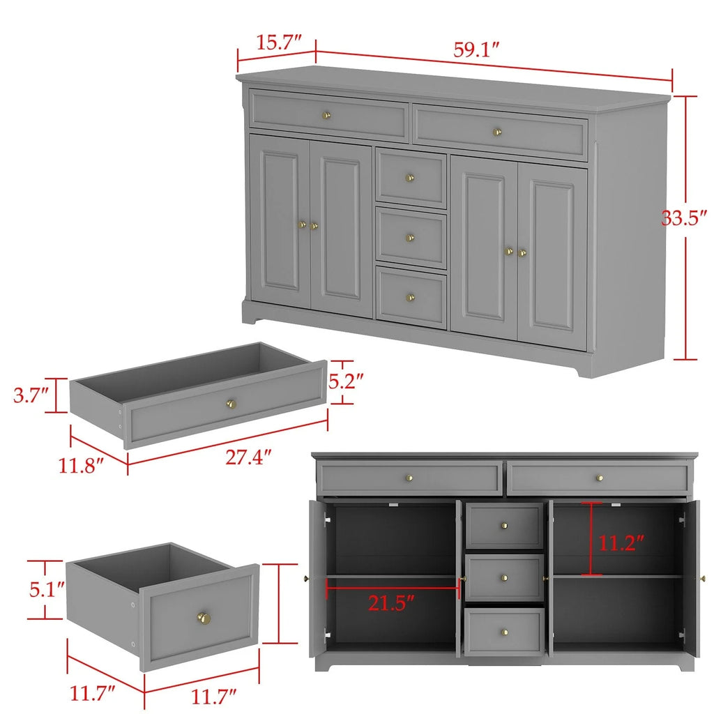 59,1-inch wit buffetdressoir, modern uit het midden van de eeuw, eigentijds, gelakt
