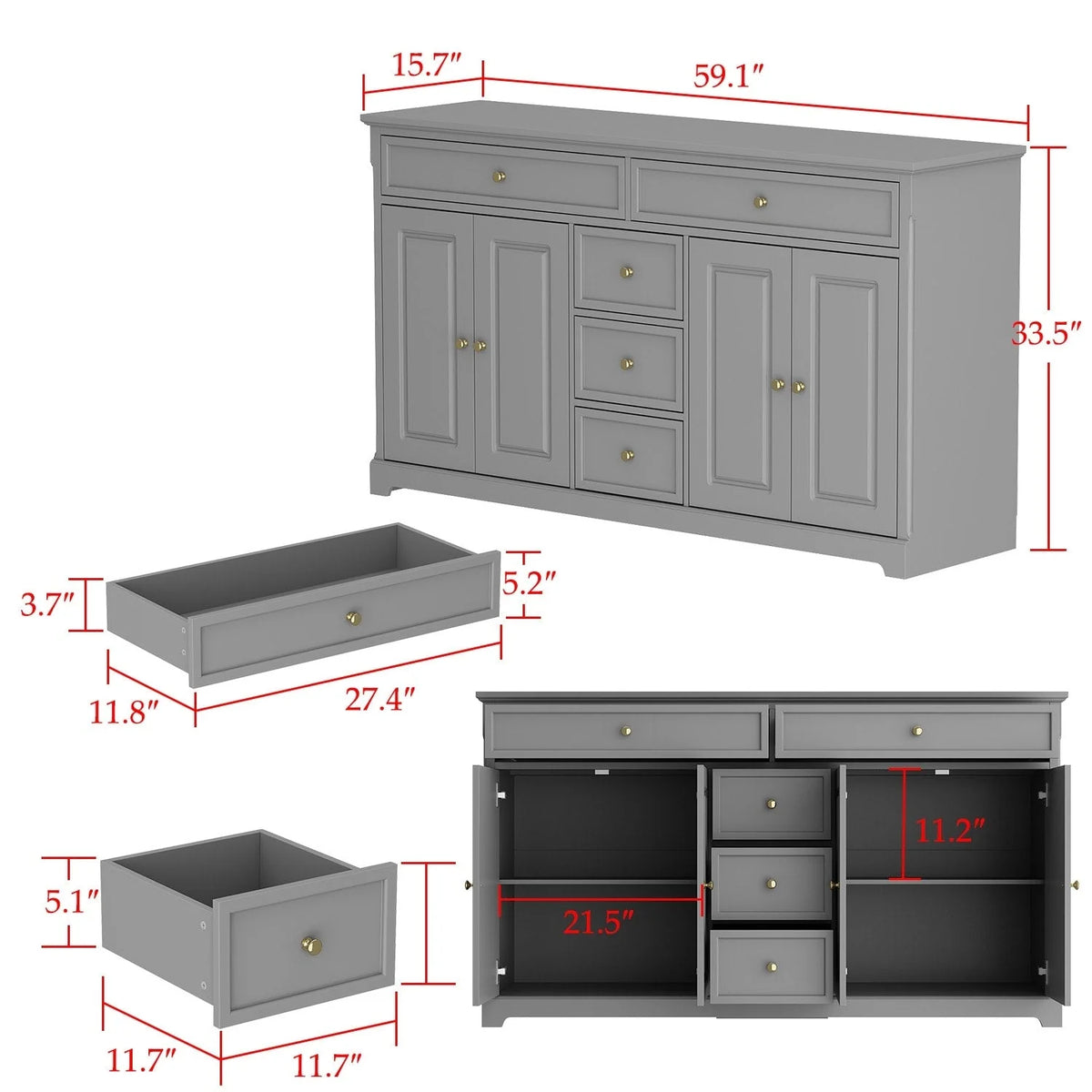 59,1-inch wit buffetdressoir, modern uit het midden van de eeuw, eigentijds, gelakt