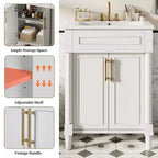 24-Zoll-Badezimmerunterschrank mit Keramikwaschbecken, Shaker-Schrank, 2 Türen mit Soft-Close-Funktion und Rahmen aus Massivholz für kleine Badezimmer oder Gäste-WCs