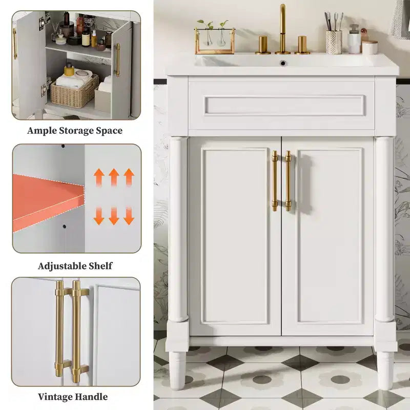24-Zoll-Badezimmerunterschrank mit Keramikwaschbecken, Shaker-Schrank, 2 Türen mit Soft-Close-Funktion und Rahmen aus Massivholz für kleine Badezimmer oder Gäste-WCs