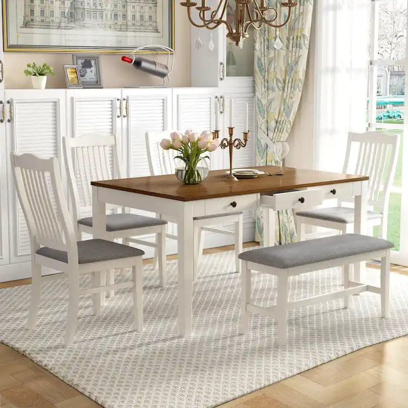 6-delige houten eetkamerset met 4 stoelen en bank, tafel met lade