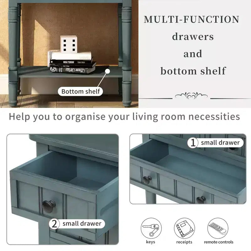 Smalle consoletafel van 60,2 cm met 3 laden en plank, sofatafel voor kleine entrees of woonkamers