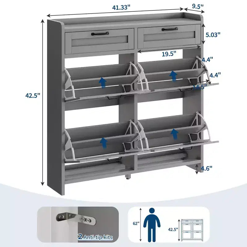 Meuble à chaussures avec 4 tiroirs basculants et 2 tiroirs supérieurs, meuble organiseur à chaussures en bois avec étagère réglable, meubles de rangement à chaussures autonomes