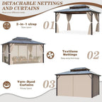 EROMMY Pavillon mit festem Dach, Outdoor-Pergola mit Doppeldach, Netzvorhängen und Vorhängen, robustes Vordach für Terrasse, Garten und Poolpartys