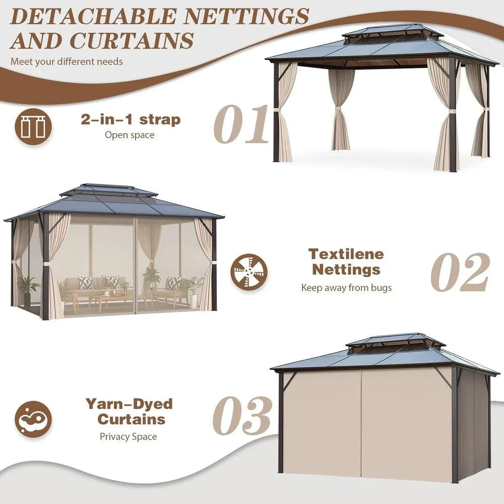 EROMMY Pavillon mit festem Dach, Outdoor-Pergola mit Doppeldach, Netzvorhängen und Vorhängen, robustes Vordach für Terrasse, Garten und Poolpartys