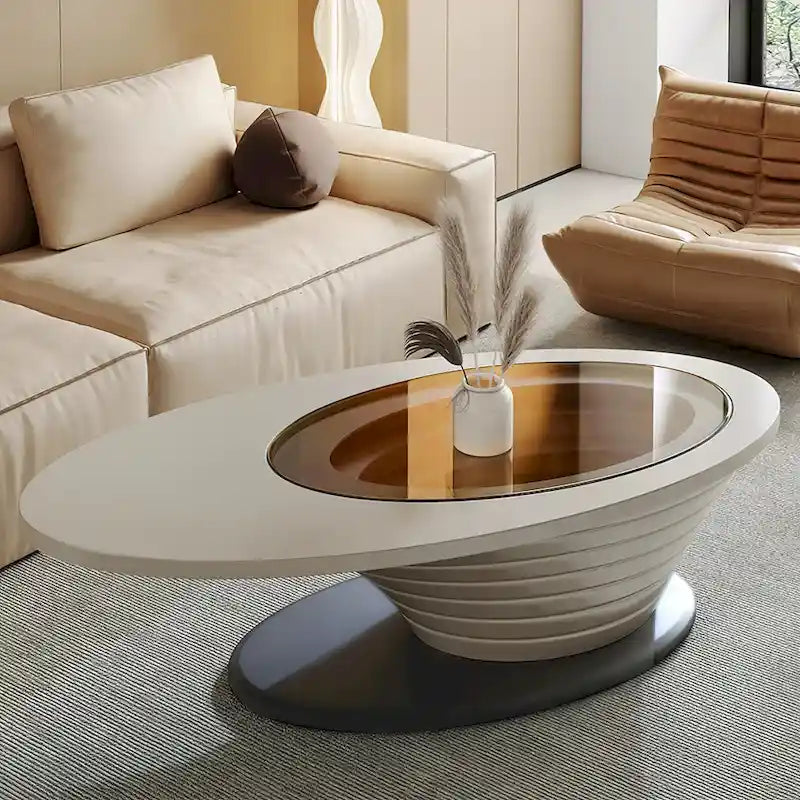 Table basse ovale moderne minimaliste de luxe léger avec plateau en verre et base grise 51 in. - L 51.18'W 25.59'H 14.37'