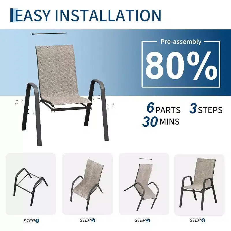 Chaises de patio, ensemble de 4 ou 6 chaises de salle à manger d’extérieur empilables, légères et résistantes à toutes les intempéries, en textilène, avec accoudoirs, pour jardin et terrasse de piscine