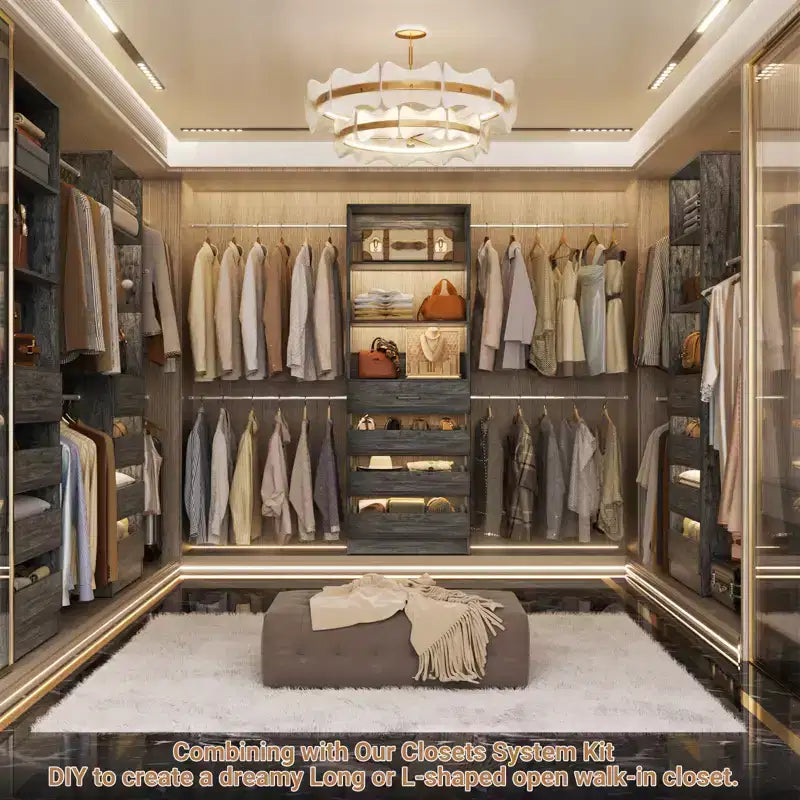 Besiost Holz-Kleiderschrank-Organizersystem für 1,2–2,7 m mit 4 Schubladen, 4 Kleiderstangen und Regaltürmen