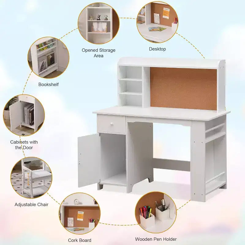 Kinderschreibtisch mit Stuhl-Set für Jungen und Mädchen, hölzerner Kinderschreibtisch mit Bücherregal, Pinnwand, Schrank und Schublade für Kinder von 3–8 Jahren