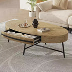 Acekool ovale salontafel met lade, houten opbergtafel van 47,2 met metalen kruispoten, moderne tafel in mid-century-stijl in naturel en goudkleurig wilgenhout