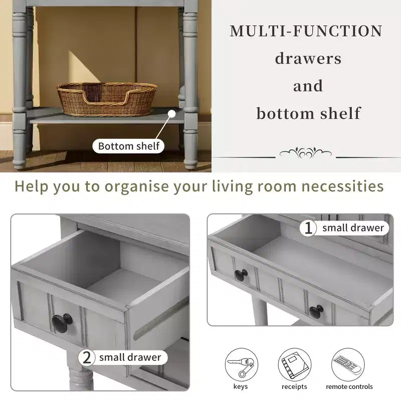Smalle consoletafel van 60,2 cm met 3 laden en plank, sofatafel voor kleine entrees of woonkamers