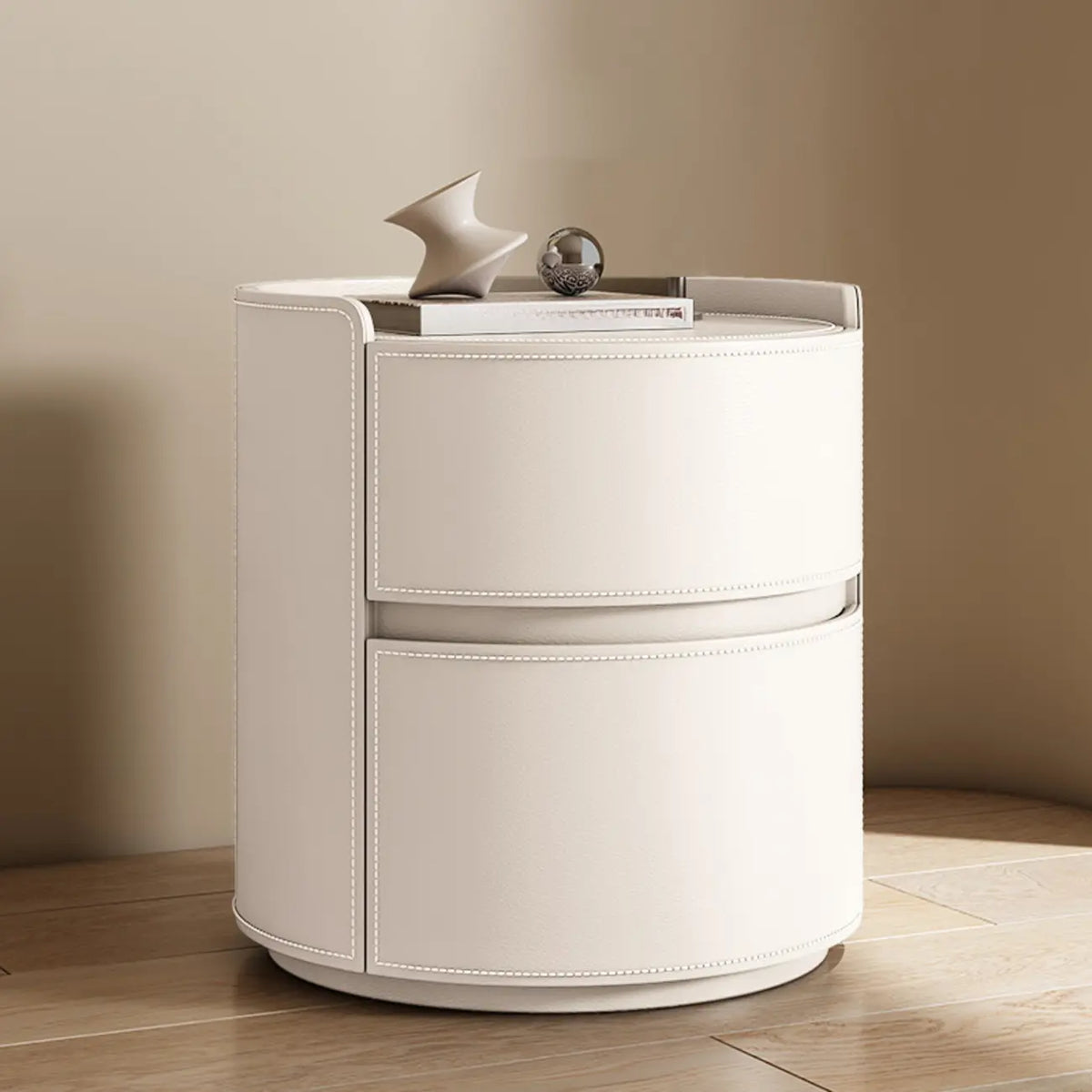 Modern Leather Tray Round 2-Drawer Nightstand