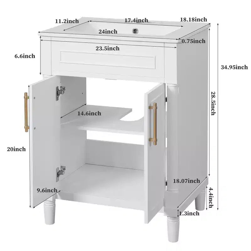24-Zoll-Badezimmerunterschrank mit Keramikwaschbecken, Shaker-Schrank, 2 Türen mit Soft-Close-Funktion und Rahmen aus Massivholz für kleine Badezimmer oder Gäste-WCs