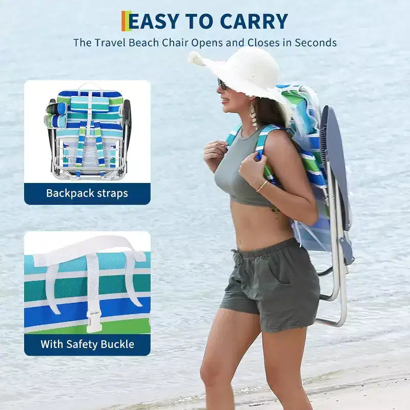 Acekool 2er-Set leichter Rucksack-Strandstühle, 5-fach verstellbare, flach zusammenklappbare Stühle für Erwachsene mit Trägern, Getränkehalter und Handtuchstange, belastbar bis 300 lbs