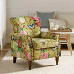 Fauteuil traditionnel Araceli en bois, rembourré à motif floral, avec dossier à oreilles et bordure cloutée| ART OF LIVING DESIGNS