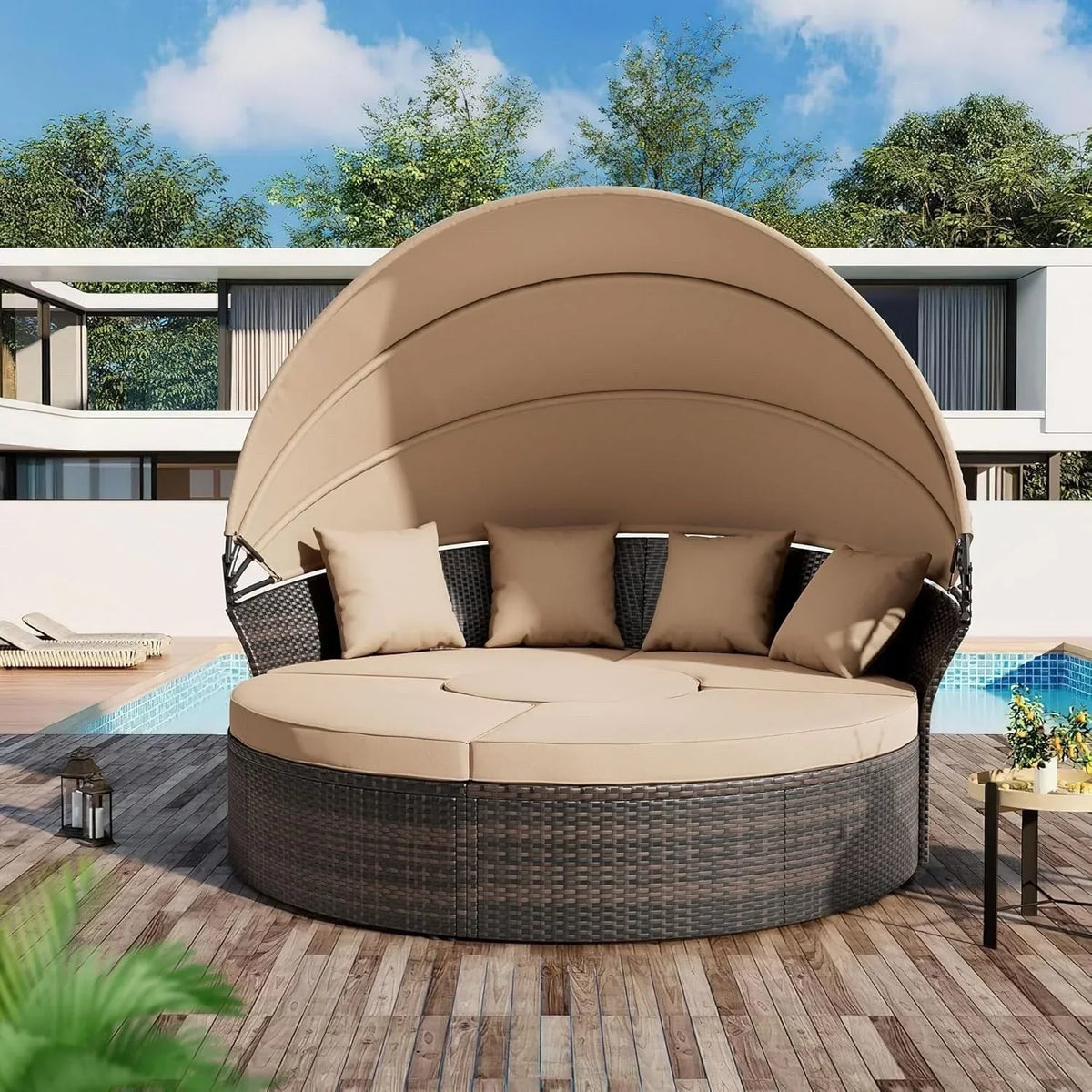 Nuon 4-/5-teiliges Outdoor-Lounge-Set für die Terrasse, Rattan-Tagesbett-Set mit Baldachin von Havenside Home