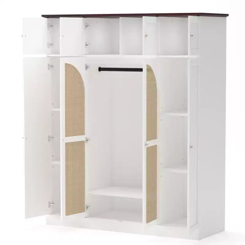 Armoire-penderie haute de 70,87 pouces à 8 portes, grande capacité, avec tringle, étagères réglables et portes décoratives en rotin