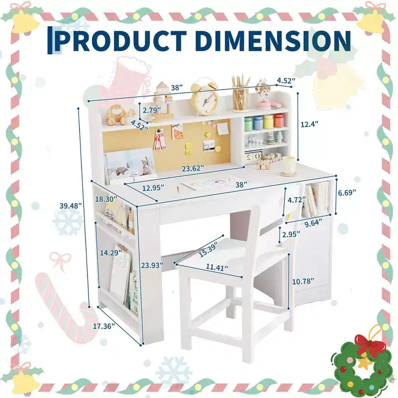 Kids Study Desk & Chair Set with Storage, Kids Study Desk with Hutch and Tiltable, for 3-8 Years Old, Student Writing Table for Bedroom