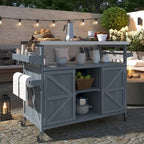 Outdoor-Kücheninsel, rollbarer Barwagen und Aufbewahrungsschrank, Grilltisch aus Massivholz mit Edelstahlplatte, Gewürzregal und Handtuchhalter