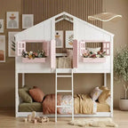 Twin Size House-Shaped Loft Bed, Wood Playhouse Loft Bed with Ladder & Guardrails for Kids