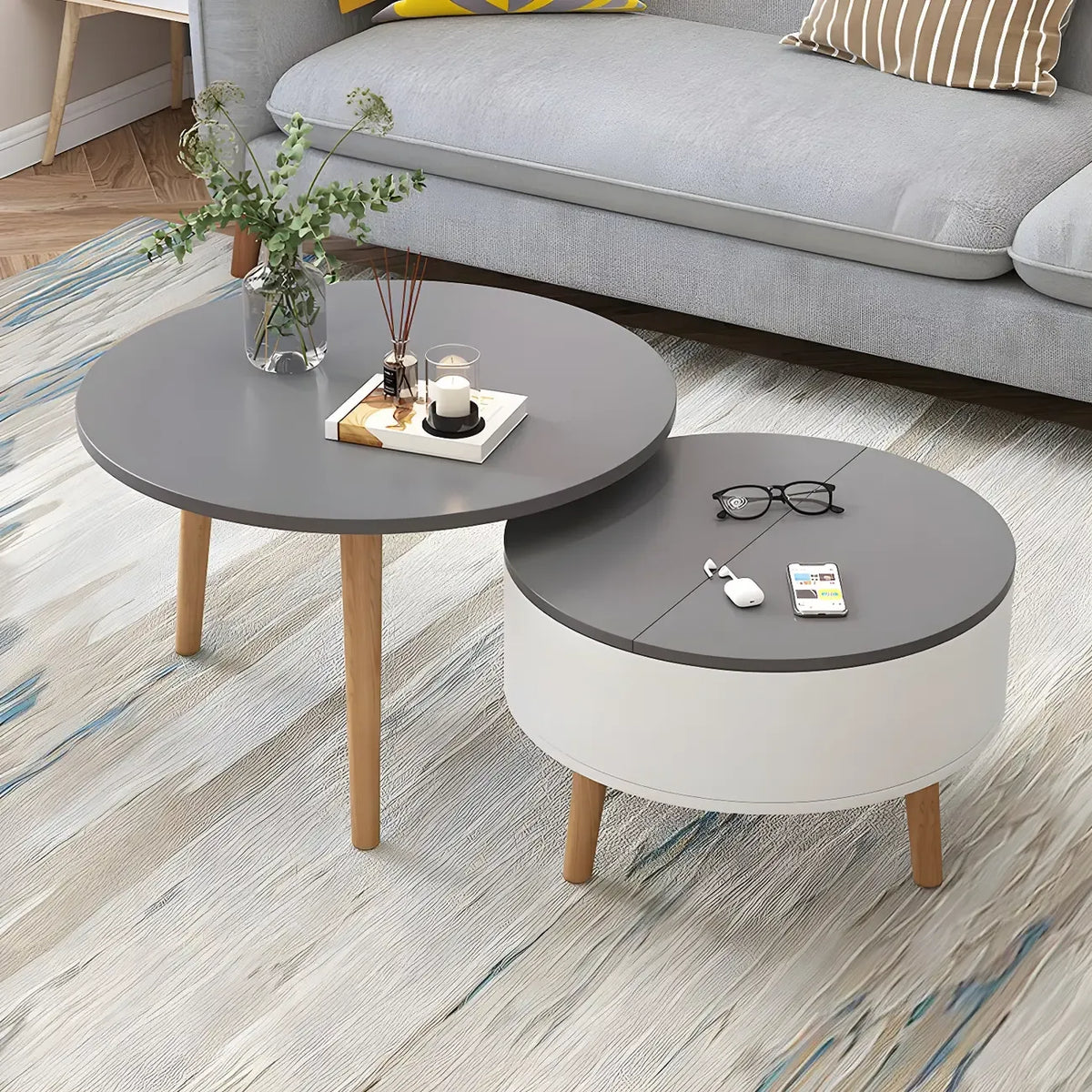 Moderner runder Couchtisch aus schwarzem und weißem Holz mit Stauraum