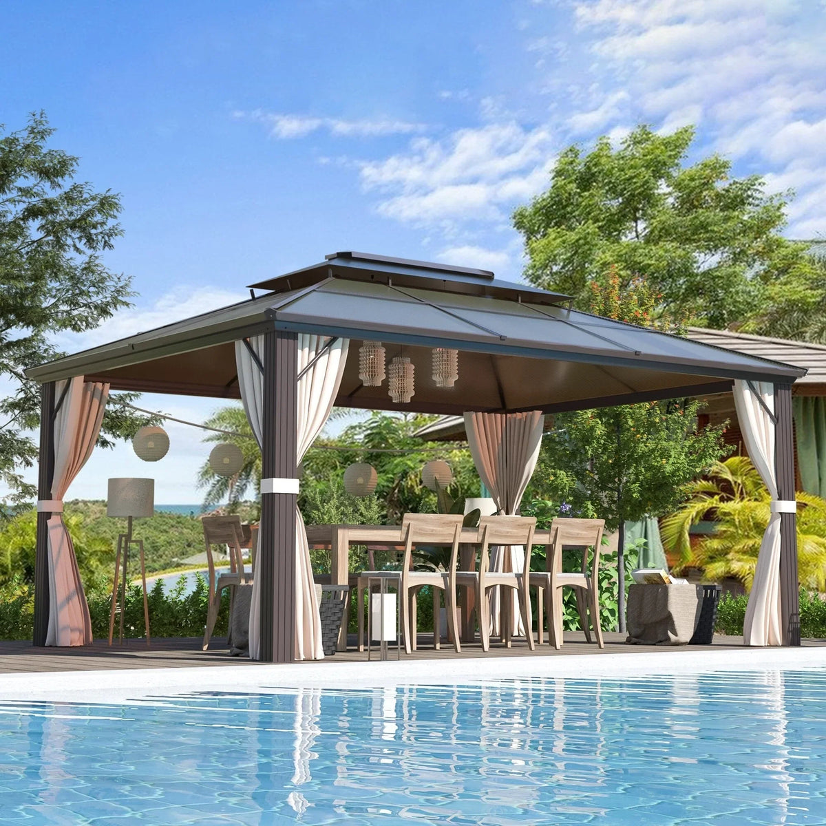 EROMMY Pavillon mit festem Dach, Outdoor-Pergola mit Doppeldach, Netzvorhängen und Vorhängen, robustes Vordach für Terrasse, Garten und Poolpartys