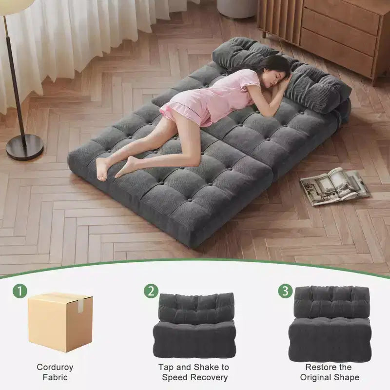 Full Corduroy Folding Sofa Bed Futon, Floor Convertible Sleeper Chair with Pillow & Back Support