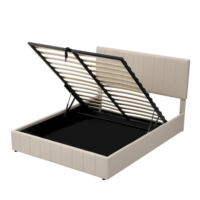 Lit plateforme queen-size rembourré avec système de rangement hydraulique - beige