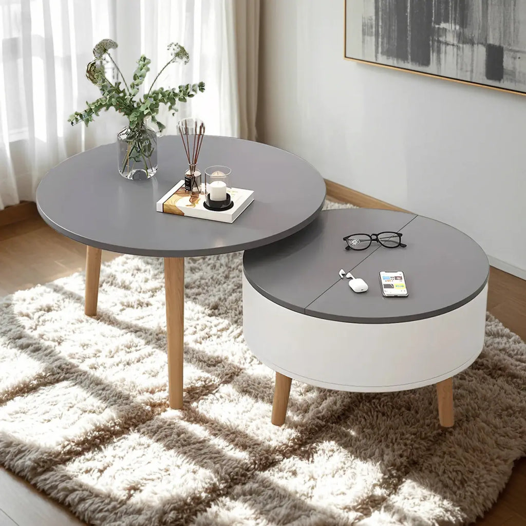 Moderner runder Couchtisch aus schwarzem und weißem Holz mit Stauraum