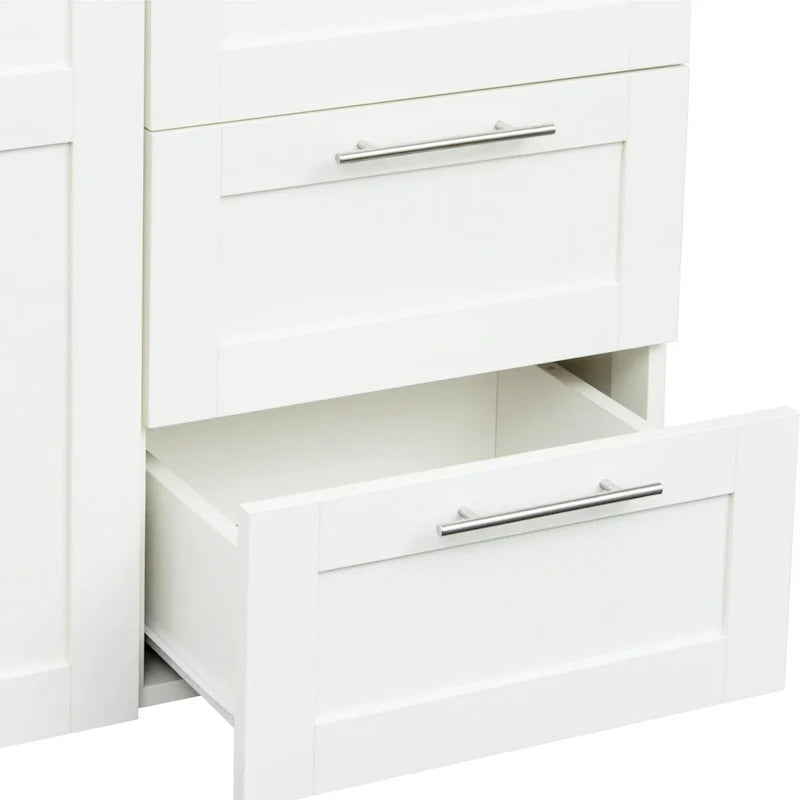 Armoire-penderie en bois blanc avec portes, tiroirs et tringle