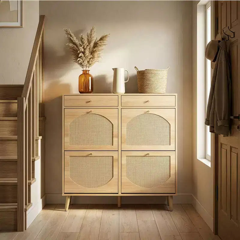 Meuble à chaussures Karl Home avec panneau en rotin, 2 tiroirs et 4 tiroirs basculants, en panneaux de particules, largeur 41,34 W
