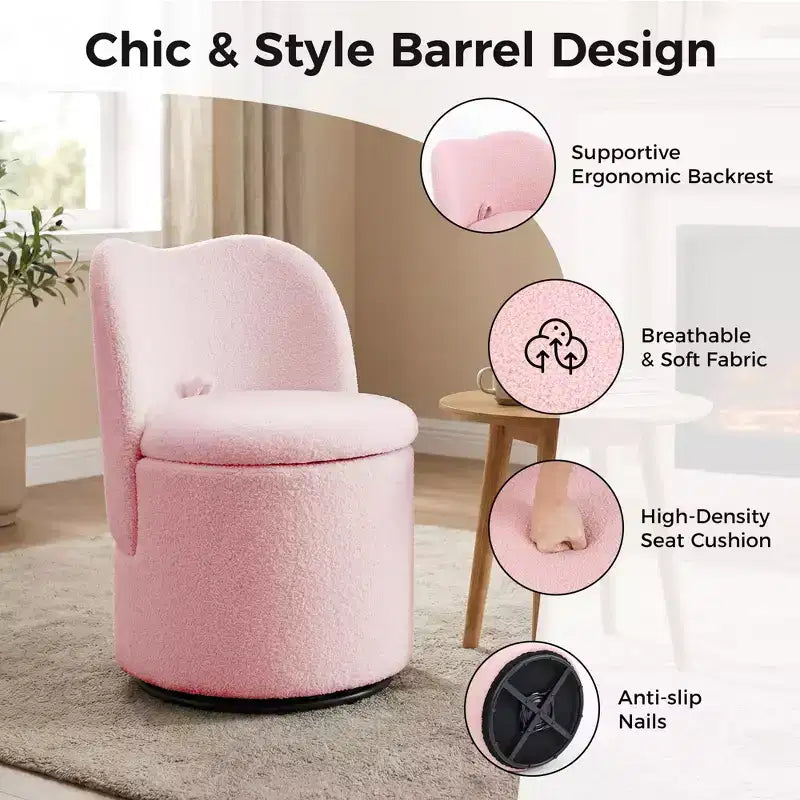 Chaise de coiffeuse pivotante avec rangement, tabouret rond rembourré avec dossier, fauteuil tonneau d’appoint doux et rembourré pour chambre et salon