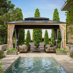 EROMMY Pavillon mit festem Dach, Outdoor-Pergola mit Doppeldach, Netzvorhängen und Vorhängen, robustes Vordach für Terrasse, Garten und Poolpartys