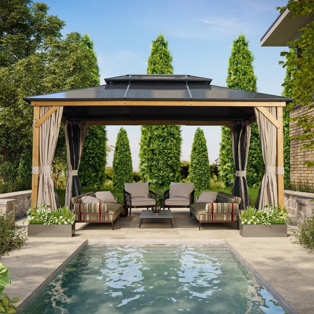 EROMMY Pavillon mit festem Dach, Outdoor-Pergola mit Doppeldach, Netzvorhängen und Vorhängen, robustes Vordach für Terrasse, Garten und Poolpartys