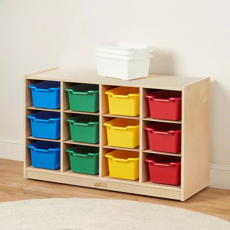 Meuble mobile à plateaux avec casiers et 15 bacs frontaux à ouverture en forme de cuillère, 3 x 4, mobilier pour enfants