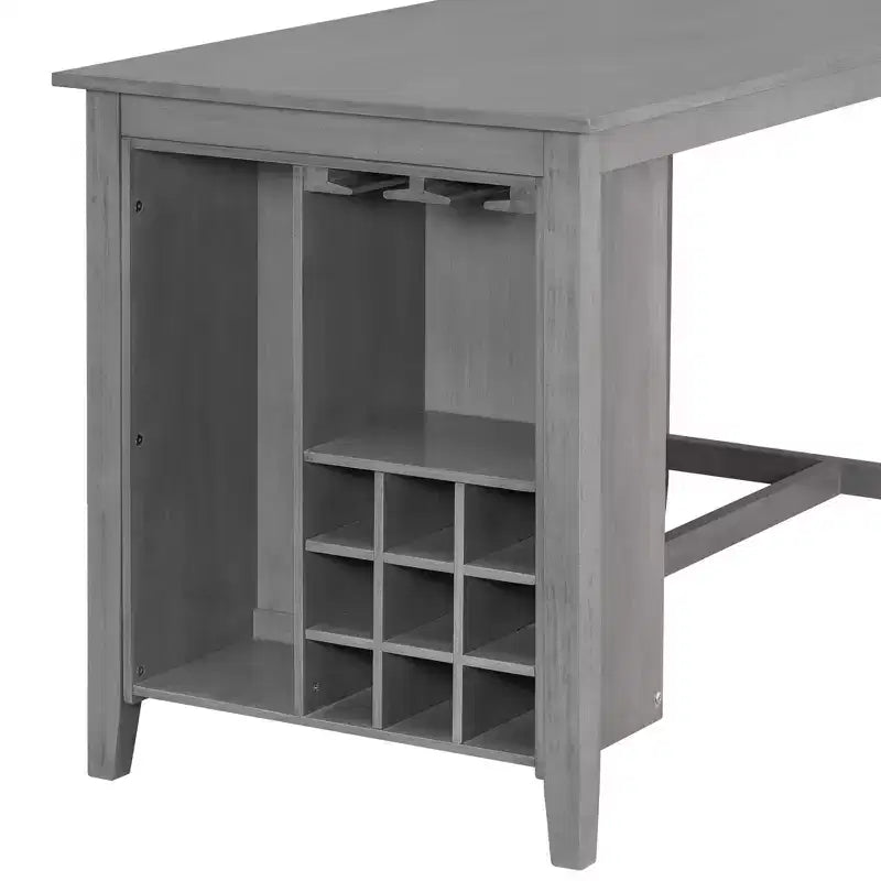 5-delige eethoek in boerderijstijl op barhoogte met stoelen voor 4 personen, rechthoekige houten tafel met opbergplanken en wijnvak