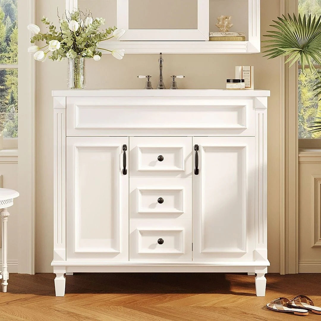 Moderne badkamermeubelset van 36 inch met wastafelblad, spiegelkast, 2 deuren en 2 laden